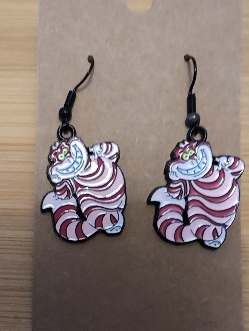 Cheshire Cat Pink Purple Enamel Drop Earrings - Whimsical Striped Design